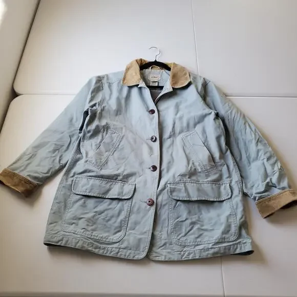 LL Bean Coat Womens Large Blue Canvas Barn Corduroy Collar Lined Jacket Pockets - Picture 1 of 14